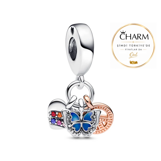 Gökkuşağı Kalp,Kelebek ve Barış Temalı Üçlü Charm