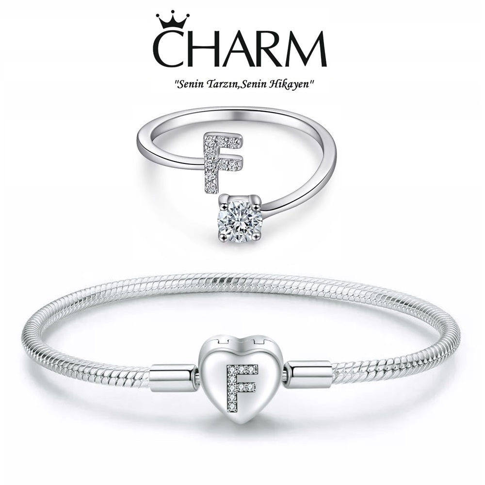 925 Ayar Gümüş F Harfi Kadın Charm Bileklik