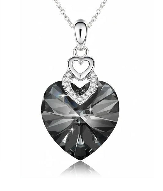 Siyah Kalp Kristal Kadın Gümüş Kolye