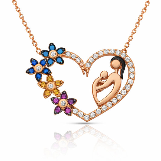 Anne ve Çocuk Çiçekli Kadın Gümüş Kolye